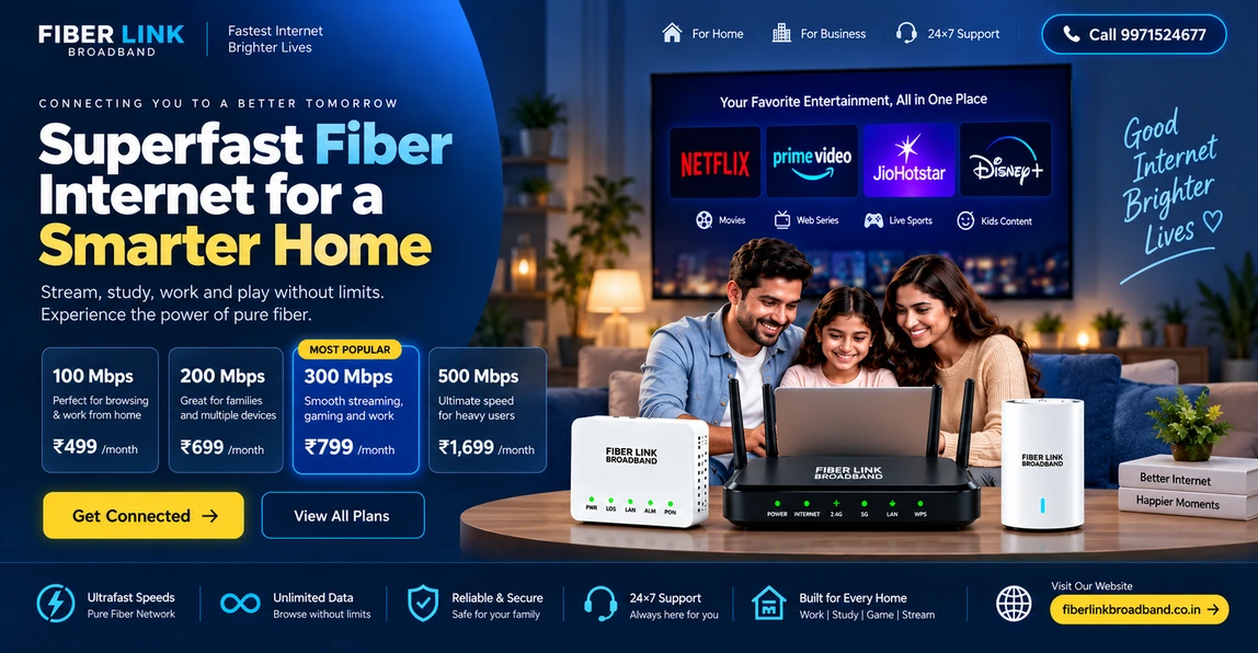 Fiber Link Broadband high-speed optic fiber internet plans starting at ₹499 with speeds up to 500 Mbps